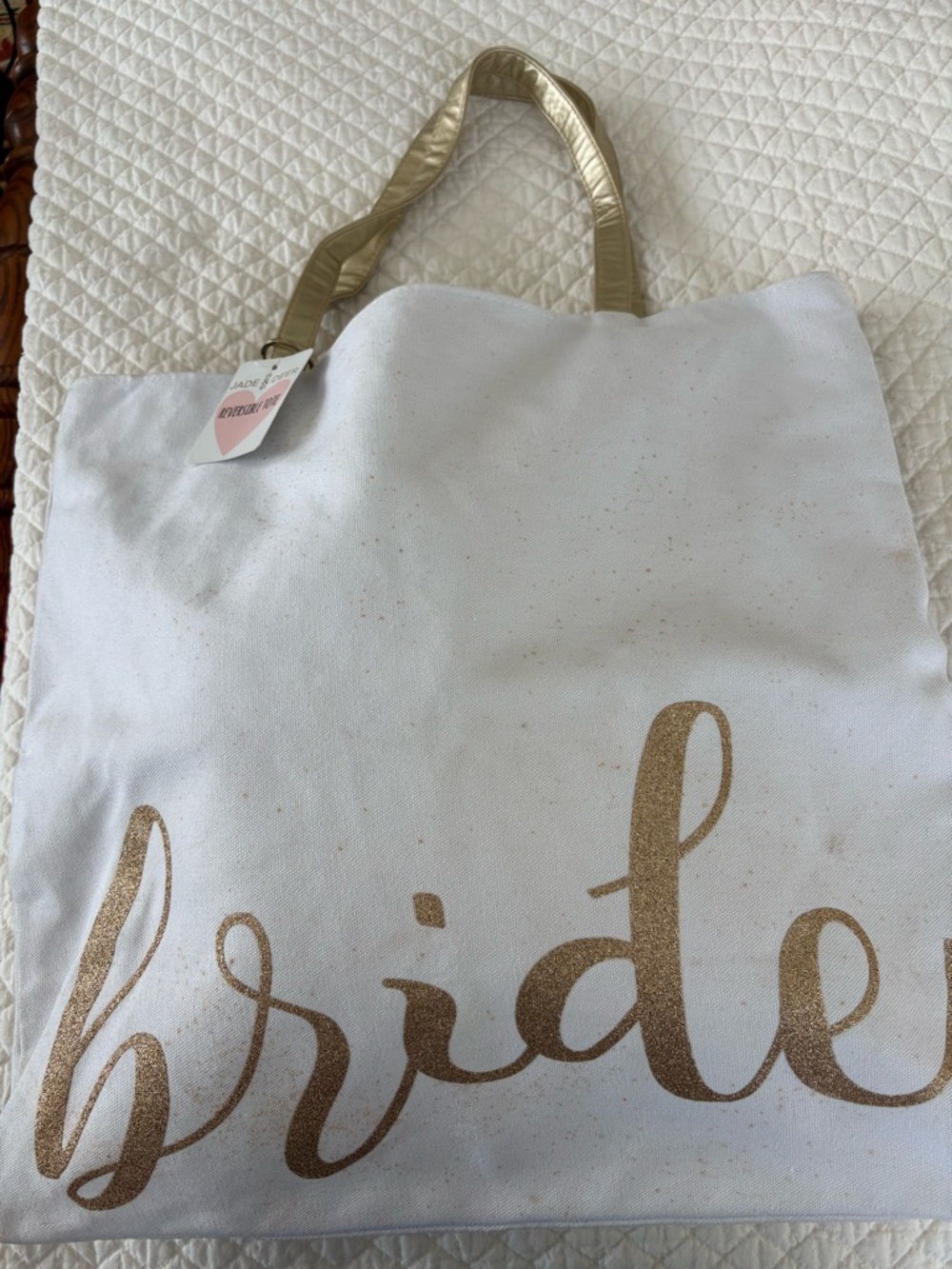 NWT Jade & Deer Off White Gold Glitter Bride Mrs. Reversible Canvas Tote Bag